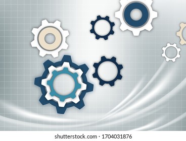 Engranajes abstractos brillantes en un fondo gris con una rejilla técnica, efectos de puntos claros. Diseño moderno de portada corporativa, volante, banner, folleto, papel pintado. Ilustración del vector