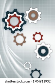 Bright abstract gears on a gray background with a technical grid, light spot effects. Modern corporate cover design, flyer, banner, brochure, wallpaper. Vector illustration