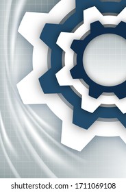 Bright abstract gears on a gray background with a technical grid, light spot effects. Modern corporate cover design, flyer, banner, brochure, wallpaper. Vector illustration