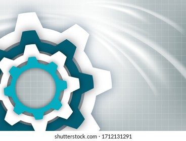 Bright abstract gears on a gray background with a technical grid, light spot effects. Modern corporate cover design, flyer, banner, brochure, wallpaper. Vector illustration