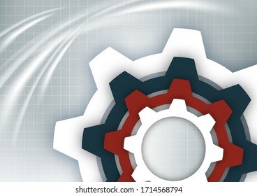 Bright abstract gears on a gray background with a technical grid, light spot effects. Modern corporate cover design, flyer, banner, brochure, wallpaper. Vector illustration