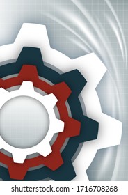 Engranajes abstractos brillantes en un fondo gris con una rejilla técnica, efectos de puntos claros. Diseño moderno de portada corporativa, volante, banner, folleto, papel pintado. Ilustración del vector