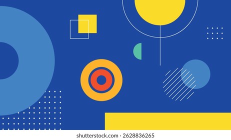 Bright abstract geometric artwork featuring colorful circles, squares, lines, and creative modern shapes on a vibrant deep blue background.