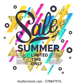 Bright abstract geometric background. Memphis style trendy 80s - 90s. Best sale banner, gold glitter. Original poster for discount.
