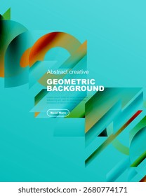Bright abstract geometric background. Overlapping shapes create dynamic visual effect. Text invites further exploration. Modern design elements present.