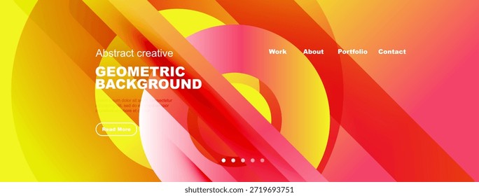 Fondo geométrico abstracto brillante. Las Formas superpuestas crean un efecto visual dinámico. Elementos de texto presentes, navegación visible.