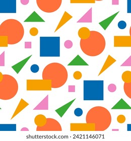 Bright abstract geometric background. Seamless pattern with simple geometric shapes. Orange big circles, blue squares, green, pink and triangles, delta rectangles, dots on minimalism white background.