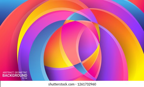 Bright abstract geometric background. Vector. Colorful colors of the rainbow. Distorted intersecting wavy lines. 3D effect, glow and shadow. Soft gradients and pastel colors. Dynamic holiday ribbons. 