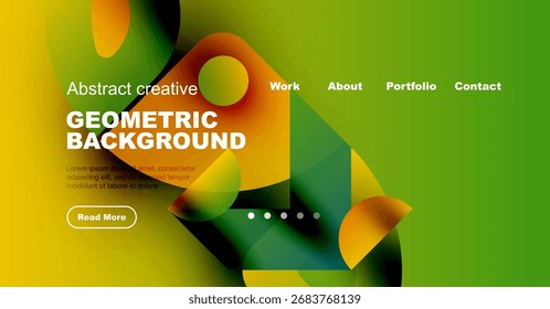Bright abstract geometric background. Website header design features vibrant colors, text, navigation elements, button. Modern style.