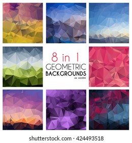 Bright abstract geometric backgrounds set.8 in1. Polygonal vector for your design. Colorful mosaic of triangles.