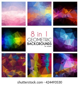 Bright abstract geometric backgrounds set.8 in1. Polygonal vector for your design. Colorful mosaic of triangles.