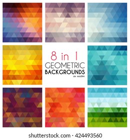 Bright abstract geometric backgrounds set.8 in1. Polygonal vector for your design. Colorful mosaic of triangles.