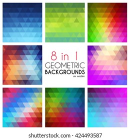 Bright abstract geometric backgrounds set.8 in1. Polygonal vector for your design. Colorful mosaic of triangles.