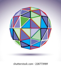 Bright abstract geometric object with kaleidoscope effect, dimensional modern disco ball with red and green outline. Stylish orb constructed from colorful isosceles triangles.