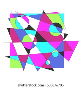 Bright Abstract Geometric Pattern. Circles, Lines, Triangles in Memphis Style Crossing and Colored. 