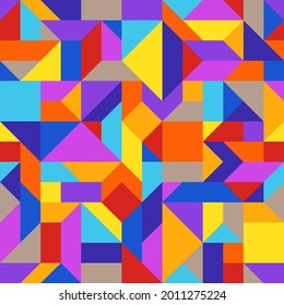 Bright Abstract Geometric Seamless Pattern of Blue, Brown, Orange, Red, Violet, Yellow Angular Shapes. Asymmetric Simple Graphic Continuous Background from Different Figures.
