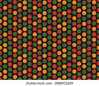 Bright abstract geometric seamless pattern with circles, dots in traditional African colors red, yellow, green on black background. Ditsy backdrop for Kwanzaa, Black History Month, Juneteenth design.