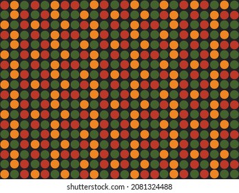 Bright abstract geometric seamless pattern with circles, dots in traditional African colors red, yellow, green on black background. Ditsy backdrop for Kwanzaa, Black History Month, Juneteenth design.