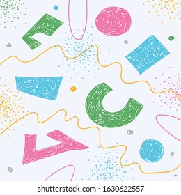 Bright abstract geometric shapes with textures and lines. Abstract children's background.