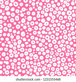 Bright abstract geometric speckled, curly seamless pattern, animal skin print. White and pink.