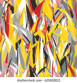 Bright abstract geometrical seamless pattern with complicated texture of colorful leaves. Yellow, white, red, black colors.