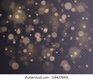 Bright abstract glowing bokeh lights. The bokeh effect of light is isolated on a transparent background. Festive purple and gold glowing background. Christmas concept