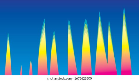 Bright abstract gradient background of colorful triangles on a blue background. Red, yellow, orange, blue and violet tones. Vector art graphic.
