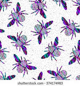 Bright Abstract hand drawn background with textured insects and isolated dots texture in vector. Seamless pattern with splash spots spray and hatch line drown elements, vector. Grunge texture pattern