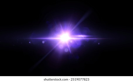 Bright abstract horizontal light effect with rays and glare shines with colorful purple light for vector illustration.