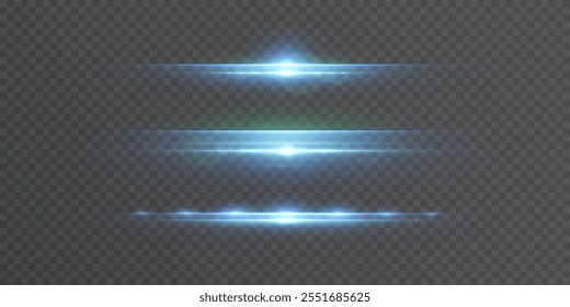 Efeito de luz horizontal abstrato brilhante com raios e brilho azul e efeito laser para ilustração vetorial.	