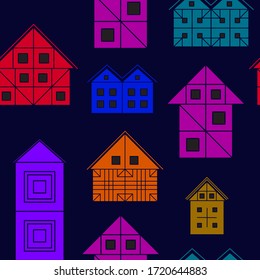 Bright abstract houses seamless pattern. Unique flat background illustration. Vector design. 
