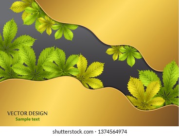 Bright abstract layered background. Gradient gold metallic color, bright chestnut leaves. Vector illustration for flyer, poster, banner, business card design.