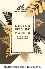 Helle abstrakte Blätter auf den Ästen, ein rechteckiger Rahmen auf einem trendigen geometrischen Hintergrund. Modernes Template-Design für Grußkarten, Poster, Flyer, Broschüren oder Gutscheine. Vektorillustration.