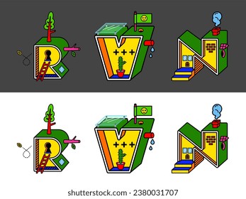 Bright Abstract Letter R V N, Flat Color Uppercase Letters Illustration