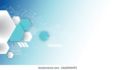 Fondo azul claro abstracto brillante con las Formas geométricas del hexágono y las líneas de circuito de la tecnología que dejan el espacio blanco.