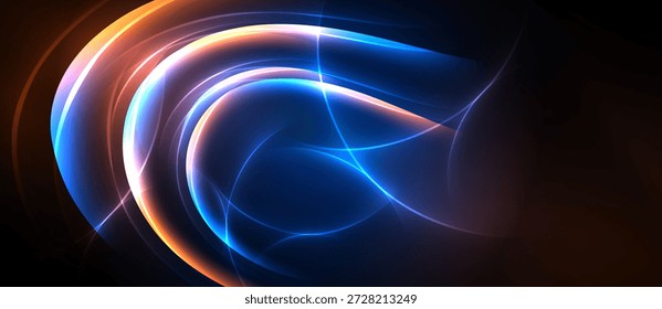 Bright abstract lines create swirling energy. Blue, orange, white hues dominate dark background. Dynamic composition evokes movement, light.
