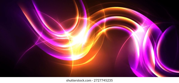 Las líneas abstractas brillantes forman curvas dinámicas. Los colores vivos se mezclan, creando un impacto visual enérgico. El fondo oscuro enfatiza la luminosidad.