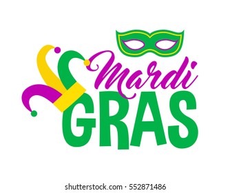 Bright abstract mardi gras lettering on white background. Vector illustration for holiday design. Carnival festival colorful bead icon logo. Light yellow, green, purple color.