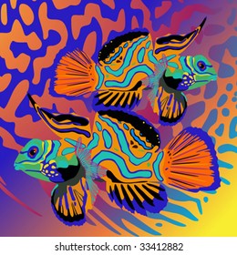 bright abstract marine background and two pied fishes-parrots