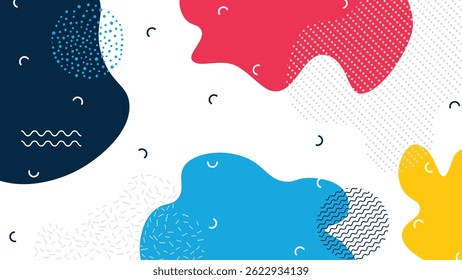 Fondo abstracto brillante de Memphis con Formas dinámicas de dibujos animados, salpicaduras y Elementos coloridos. Perfecto para carteles y volantes para niños.