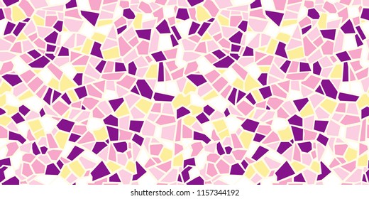 Bright abstract mosaic seamless pattern. Vector background. For design and decorate backdrop. Endless texture. Ceramic tile fragments. Colorful broken tiles trencadis. Pink and yellow colors.