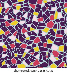 Bright abstract mosaic seamless pattern. Vector background. For design and decorate backdrop. Endless texture. Ceramic tile fragments. Colorful broken tiles trencadis. Violet pink and yellow colors.