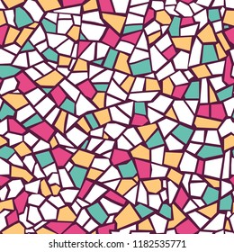 Bright abstract mosaic seamless pattern. Vector background. For design and decorate backdrop. Endless texture. Ceramic tile fragments. Colorful broken tiles trencadis. Green pink and yellow colors.