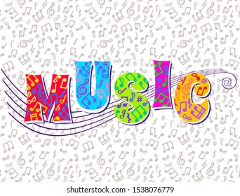Bright Abstract Music banner. Vector concept. Color Text music with notes and musical line. 