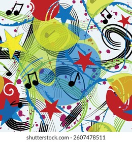 Bright and abstract musical pattern with stars, notes, and energetic splashes in red, blue, green, and yellow. Perfect for digital projects and prints.