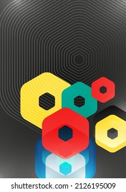 Formas geométricas resplandecientes y abstractas superpuestas de hexágonos en un fondo oscuro. Plantilla de presentación comercial. Diseño geométrico moderno. Ilustración vectorial.