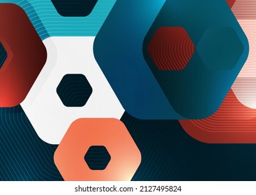 Formas geométricas resplandecientes y abstractas superpuestas de hexágonos en un fondo oscuro. Plantilla de presentación comercial. Diseño geométrico moderno. Ilustración vectorial.