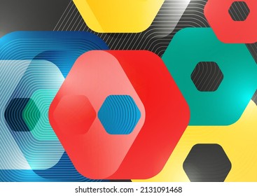 Bright abstract overlapping geometric shapes of hexagons on a dark background. Business presentation template. Modern geometric design. Vector illustration.
