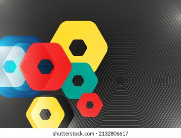 Bright abstract overlapping geometric shapes of hexagons on a dark background. Business presentation template. Modern geometric design. Vector illustration.