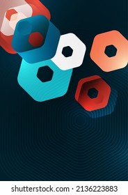 Formas geométricas resplandecientes y abstractas superpuestas de hexágonos en un fondo oscuro. Plantilla de presentación comercial. Diseño geométrico moderno. Ilustración vectorial.